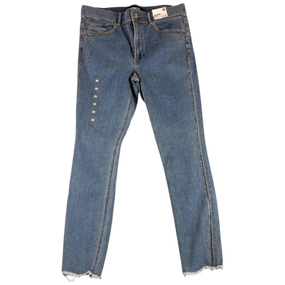 Express Ankle Legging Jeans Women 10R Blue New Stretch Rhinestone Raw Hem